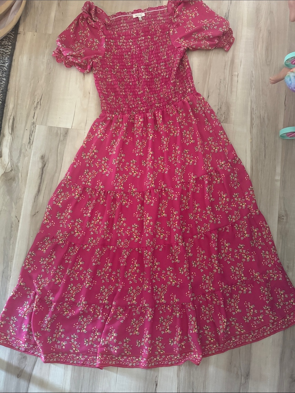 Women’s Hot Pink Floral Smocked Midi Dress with Puff Sleeves